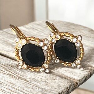 Vintage Napier Black Glass & Crystal Rhinestone Gold-Tone Leverback Earrings